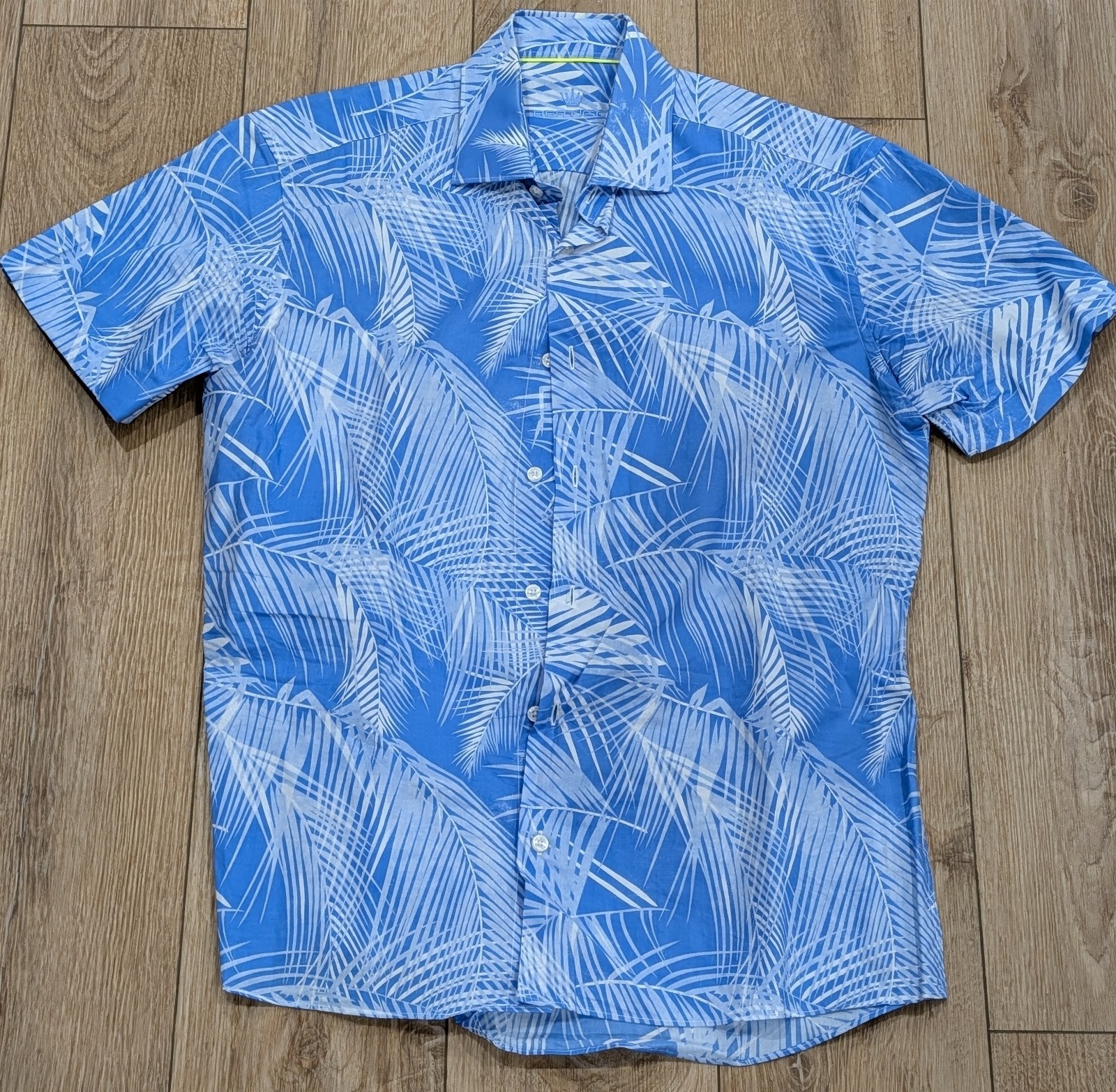 Mens Bertigo Leaf Pattern SS Button Up Shirt Blue… - image 1