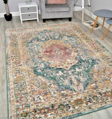 Destressed Grün Mehrfarbig Medaillon Teppiche Vintage Verblasst Schlafzimmer Boden Teppich