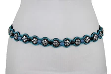 Women Belt Artsy Fashion Narrow Black Elastic Blue Silver Beads Floral Round S M