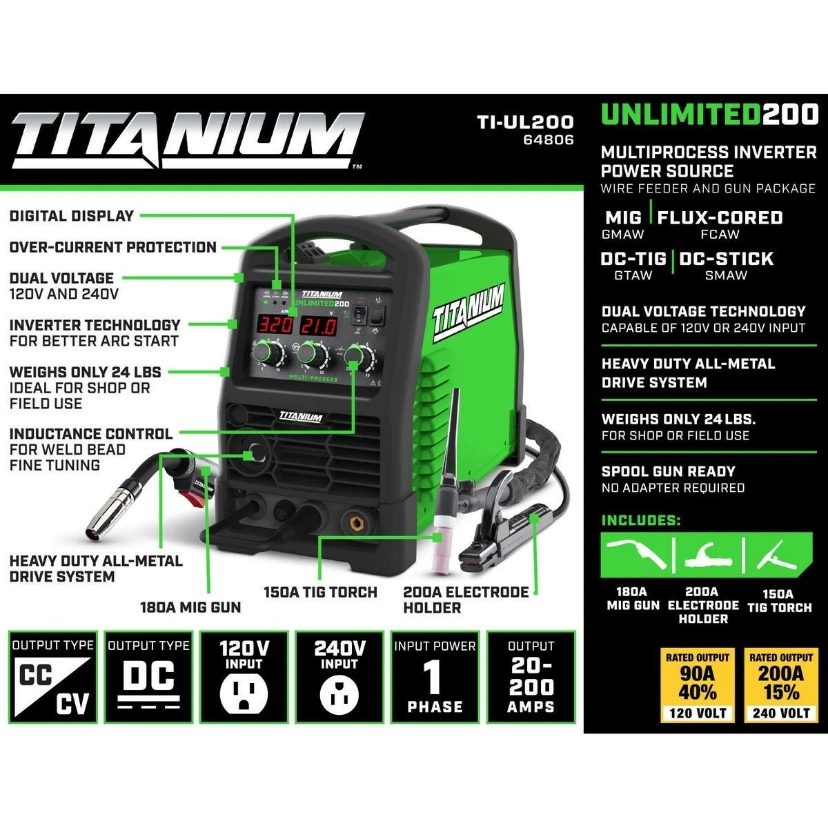 Titanium Unlimited 200 MIG FLUX CORED DC TIG DC STICK Welder 120