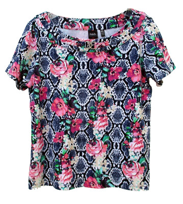 NEW! RAFAELLA Floral Mixed Print Knit Top XL S/S Silvertone 100% Cotton NWOT!