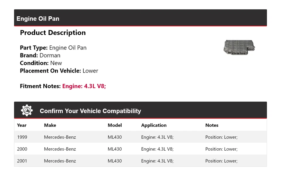 Para Mercedes-Benz ML430 1999-2001 4,3 L V8 motor Dorman cárter de aceite inferior 2000 Foto 2 de 4