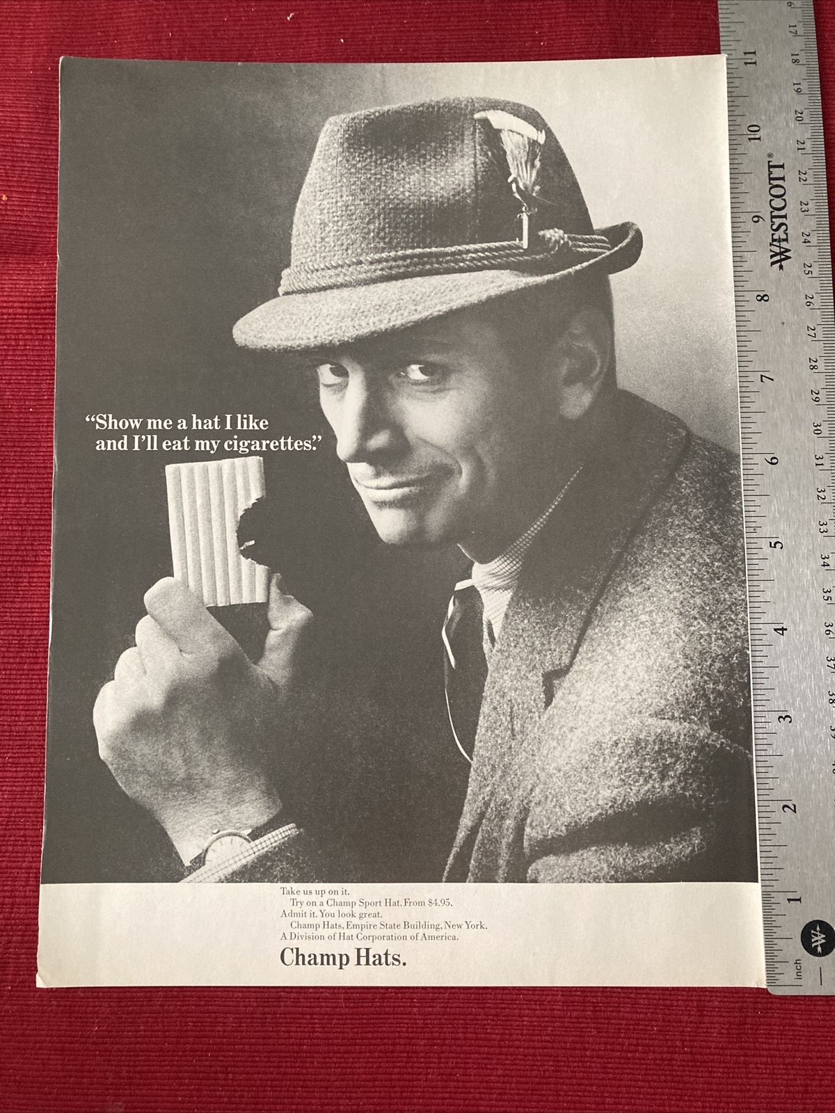 Vintage 1966 Champ Men’s Hats Empire State Building NY Ad Perfect for Framing