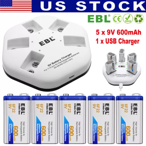 EBL 5 Packs 9V 600mAh Rechargeable Batteries Lithium + 5 Bay 9V Battery Charger