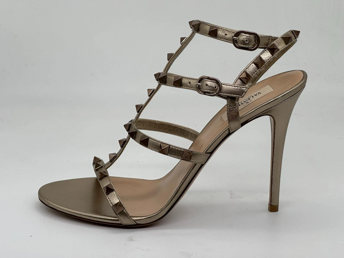 Valentino Rockstud Studded Caged Metallic Ankle Strap Heels $1070 |