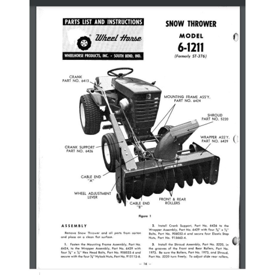Wheel Horse Garden Tractor Snow Thrower Attach 6-1211 Owner Parts