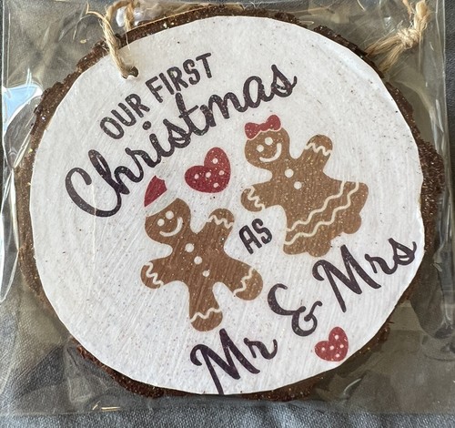 Our 1st Christmas As Mr & Mrs Gingerbread Handmade Tree Decoration Wood Slice - Picture 2 of 2