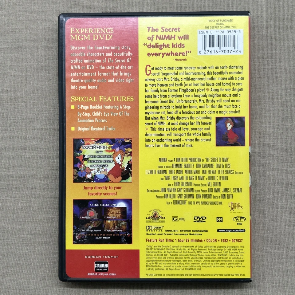 The Secret of NIMH (DVD 1982 + Guide) Don Bluth Animation Fantasy E. Hartman + - Image 3 of 4