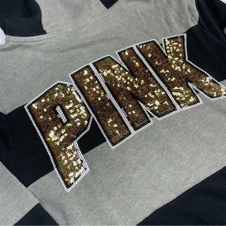 Chaqueta ROSA Victoria's Secret Cremallera Lentejuelas Logo Talla L Y2K Rugby Rayas Foto 4 de 4