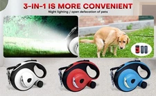 Upgraded 4in1 26 ft Retractable Dog Leash with LED Light, Dispenser (White)