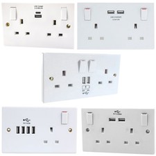 13 AMP TWIN SOCKET USB CHARGER WHITE PLASTIC SINGLE DUAL AND QUAD 2.4A 3.1A
