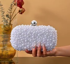White Beaded Pearl Embellished Bridal Clutch Bag Elegant Evening Wedding Purse