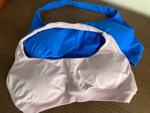 Lot of 2 DFYNE Halter Workout Impact Sports Bras sz L Blue Pink PLEASE READ