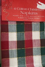 4- Cotton Christmas Napkins Plaid Red Green White W/ Gold Threads 17”x17” NWT