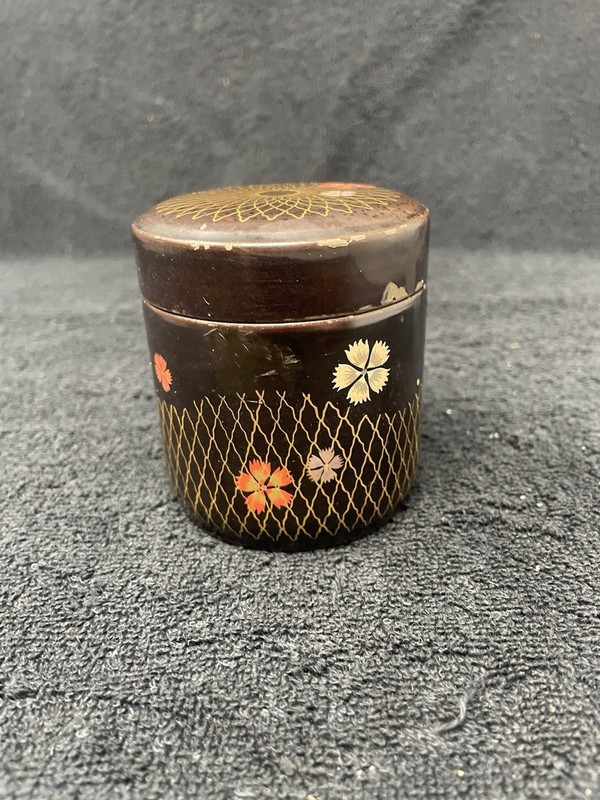 occupied Japan lacquerware Metal Base Hand Painted Jar
