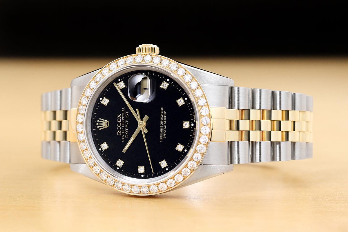 ROLEX MENS DATEJUST 16233 BLACK FACTORY DIAMOND 1.6CT BEZEL 18K