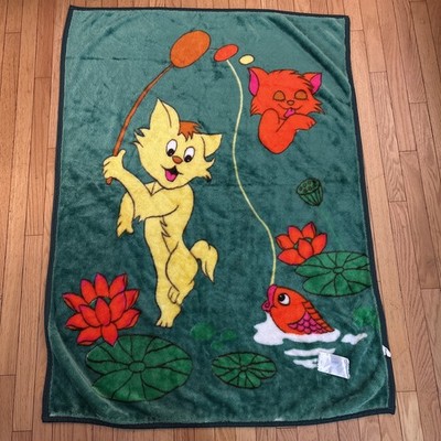 Vintage Baby Mink Blanket Toyo Japan Thick Green Red Plush Cat Fishing Fish A3