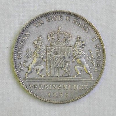 German States Bavaria Maximilian II large silver 1855 3.5 Gulden 2 Thaler; AU