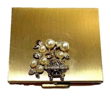 Lovely Mid Century Powder Compact Unused Faux Pearls And Rhinestones