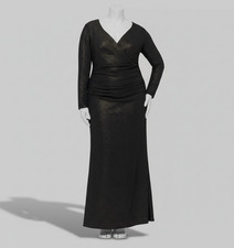 Xscape Women's Gold Foil-Knit Ruched V-Neck Long Sleeve Dress Plus Size 14W