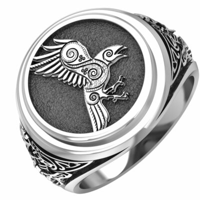 Mens Biker Viking Odin Crow Bird Raven Ring 925 Sterling Silver
