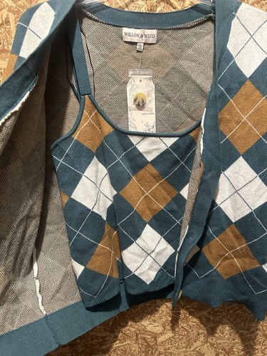Willow and Wind Argyle Green/Brown Crop Sweater set Size L - Picture 5 of 7