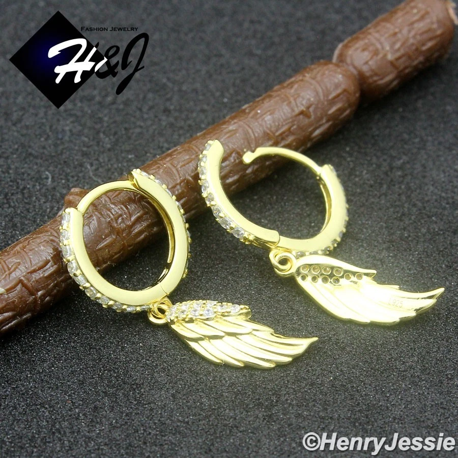 BRINCO MASCULINO FEMININO PRATA ESTERLINA 925 ASA GELADA CZ BANHADO A OURO ARGOLA PENDENTE*GE272 - Imagem 3 de 4