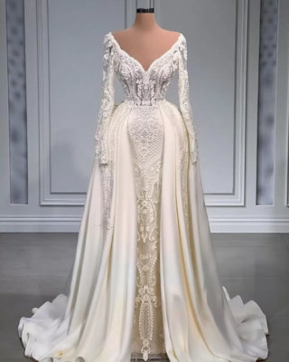 Overskirt Mermaid Wedding Dresses Bridal Gown Sweep Train Satin Beaded Lace | eBay Overskirt Mermaid Wedding Dresses Bridal Gown Sweep Train Satin Beaded Lace | eBay