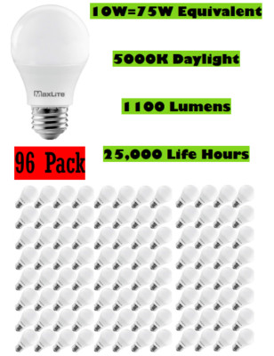 Light Bulbs 96 Pack Maxlite 10 Watt = 75W  LED Daylight 5000K A19 E26 Dimmable