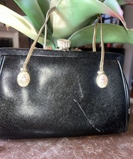 Vintage Dofan 1950 Black Leather Handbag Purse Classic made in France Scratches