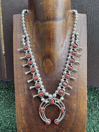 Red Coral Mini Squash Blossom Set In Sterling Silver with Shadow Box 22 Inch - Picture 5 of 7