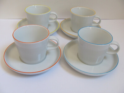 Arzberg Colori - Germany-White w Various Colored Rims- Set of 4 Cups & Saucers