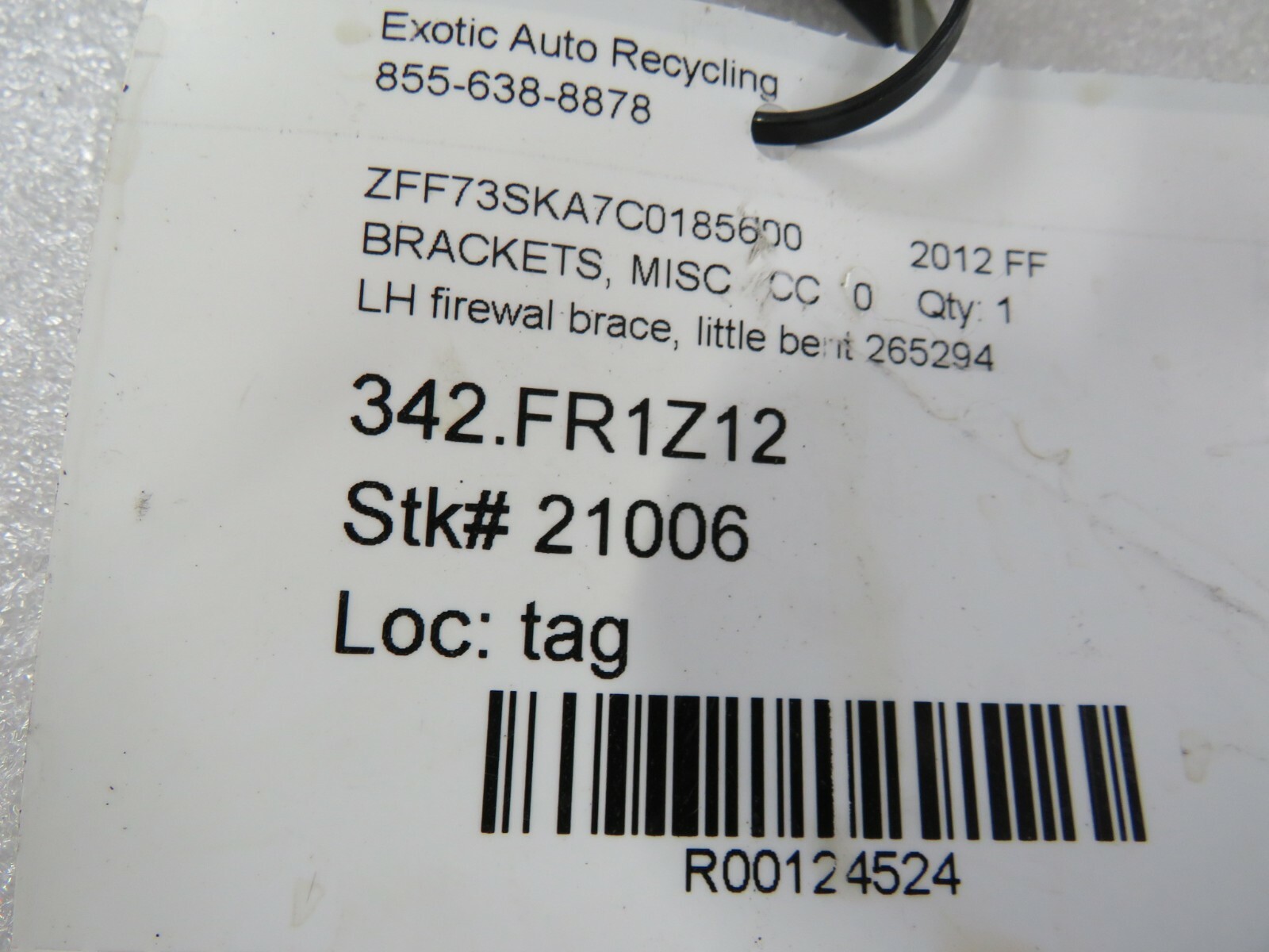Ferrari FF, LH, Left, Firewall Brace Bracket, Used, P/N 265294