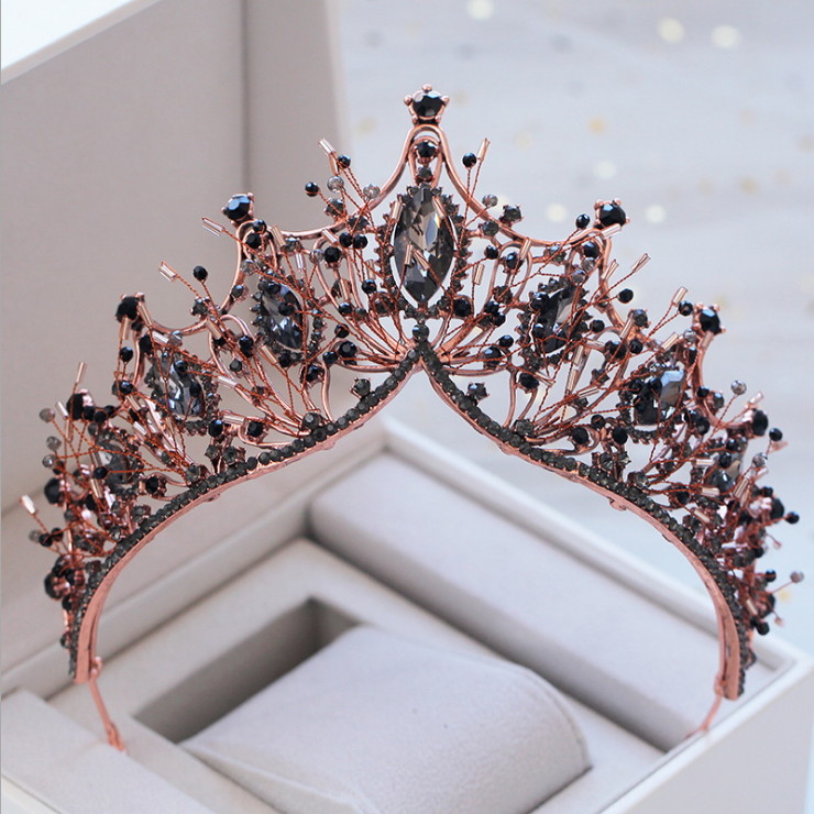 Crown with rose gold and black beads, pearls and crystals 7.5cm Tall Crystal Rose Gold Pearl Tiara Crown Wedding  main image 4