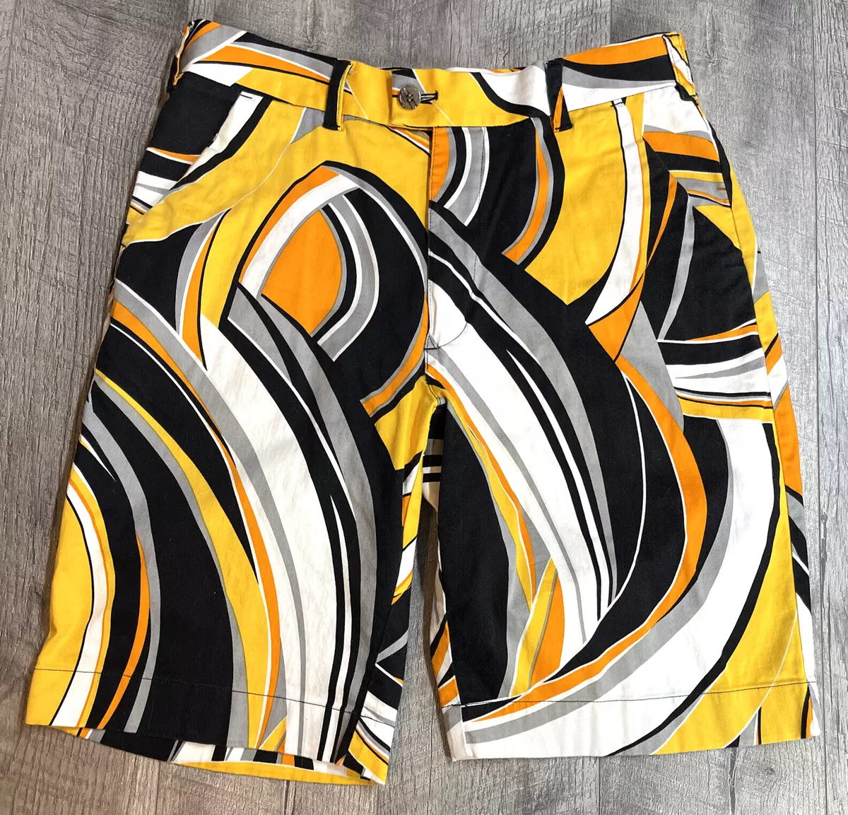 Loudmouth Golf Shorts Mens 32 Yellow Black Bermuda Retro Stretch Casual Chino