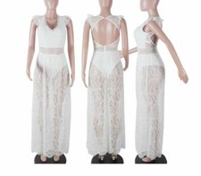 Women Backless Lace V Neck Sleeveless Ruffles Hollow Out Beach Maxi Party Dress