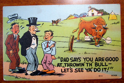 Postcard Dad Says You Are Good at Throwing Bull Let's See Farm Cow TopHat 2390