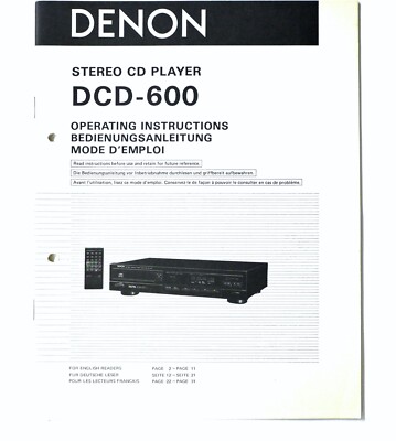 Original DENON DCD-600 CD-Player Owner's Manual / Bedienungsanleitung !!!