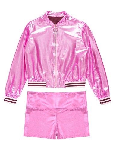 Kids Girls Sportwear Workout Sweatsuit Shiny Metallic Sports Set Yoga Tracksuit - Picture 44 of 60