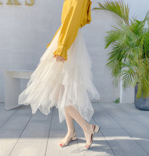 WomenTutu Tulle Skirt Ruffle Long Elastic Waist Asymmetrical Mesh Party Dress