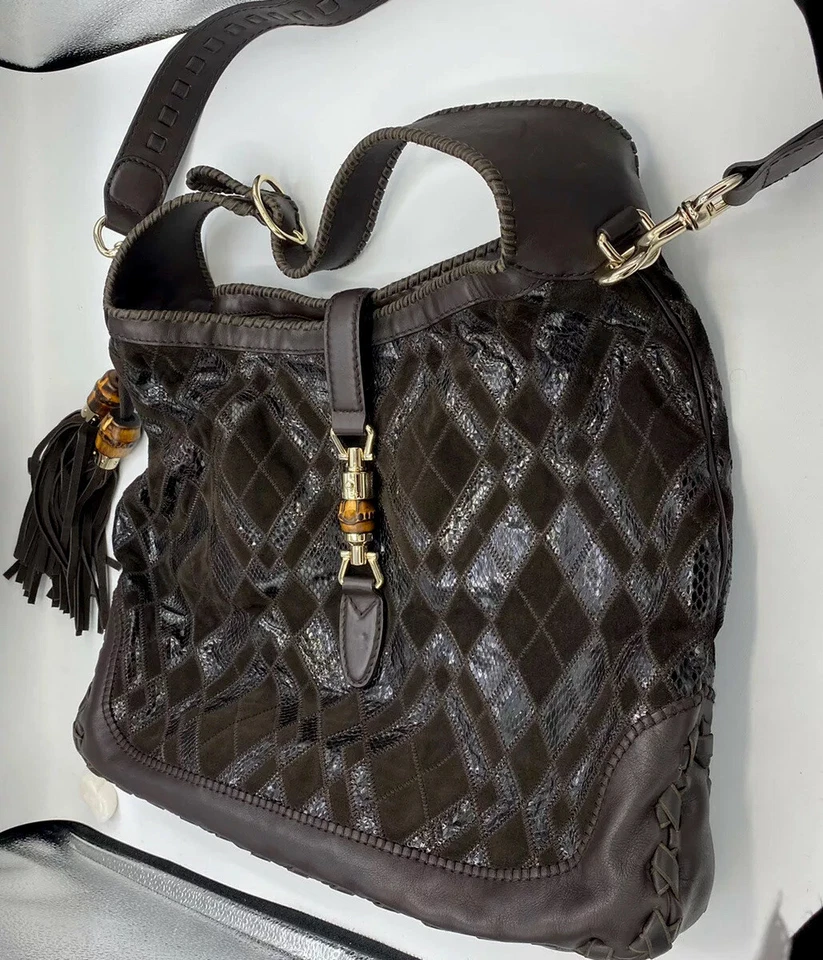 Auténtico Bolso Hobo Gucci JACKIE Bambú Marrón Gamuza Cuero Exótico S. Parche/Ayers XXL Foto 3 de 4