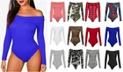 Ladies Women Off Shoulder Long Sleeve Stretchy Bodysuit Leotard Bardot Plus Size