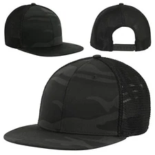 Mesh Back Midnight Black Camo Trucker Cap With Adjustable Strap and Flat Brim