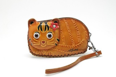 Cute Leather Cat Change Wristlet Purse Hand Made Hawaii 5'' X 3''