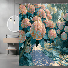 Floral Garden Path Shower Curtain, Pink Blue Botanical Scene