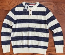 New Tommy Hilfiger Boys 8-10 Blue/White Striped Pullover Sweater Long Sleeves