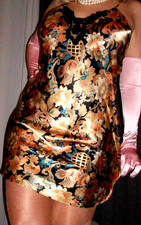 Vtg Gold Floral Satin Babydoll Chemise Nightgown M