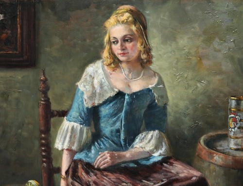 Oskar Urbahn - Young Woman Tavern Interior Scene Antique Style, oil painting - Picture 2 of 8