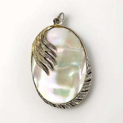 Vintage Gold Tone Mother of Pearl Pendant Large Oval Artistic Bold Statement