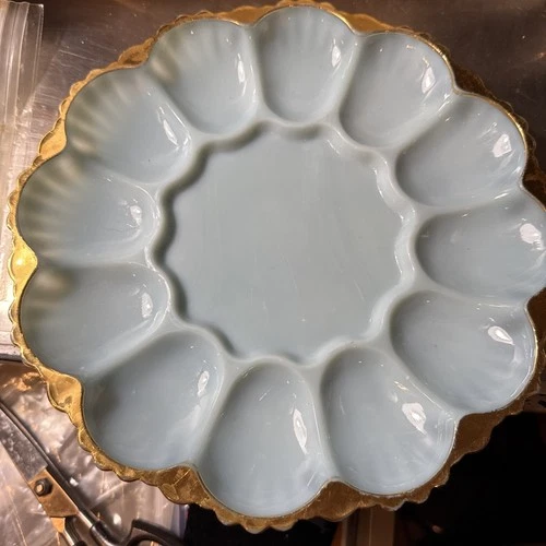 HTF Vintage Anchor Hocking Fire King Delphite Blue Milk Glass Deviled Egg Plate
